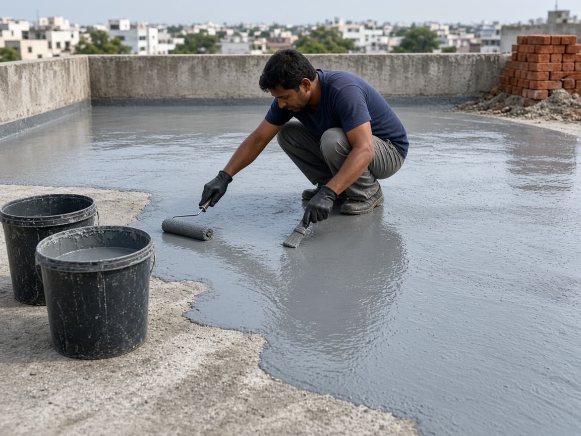 Waterproofing chemical coating being applied on a concrete terrace